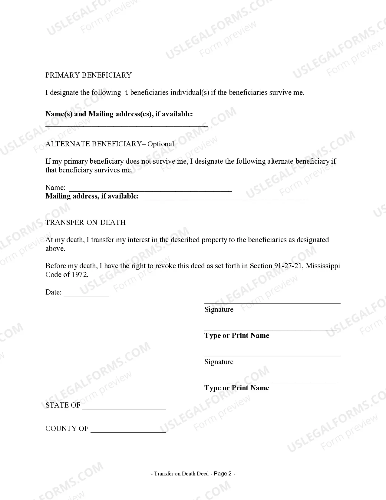 Preview Transfer on Death Deed or TOD - Beneficiary Deed for Two Married Individuals to Multiple Individuals