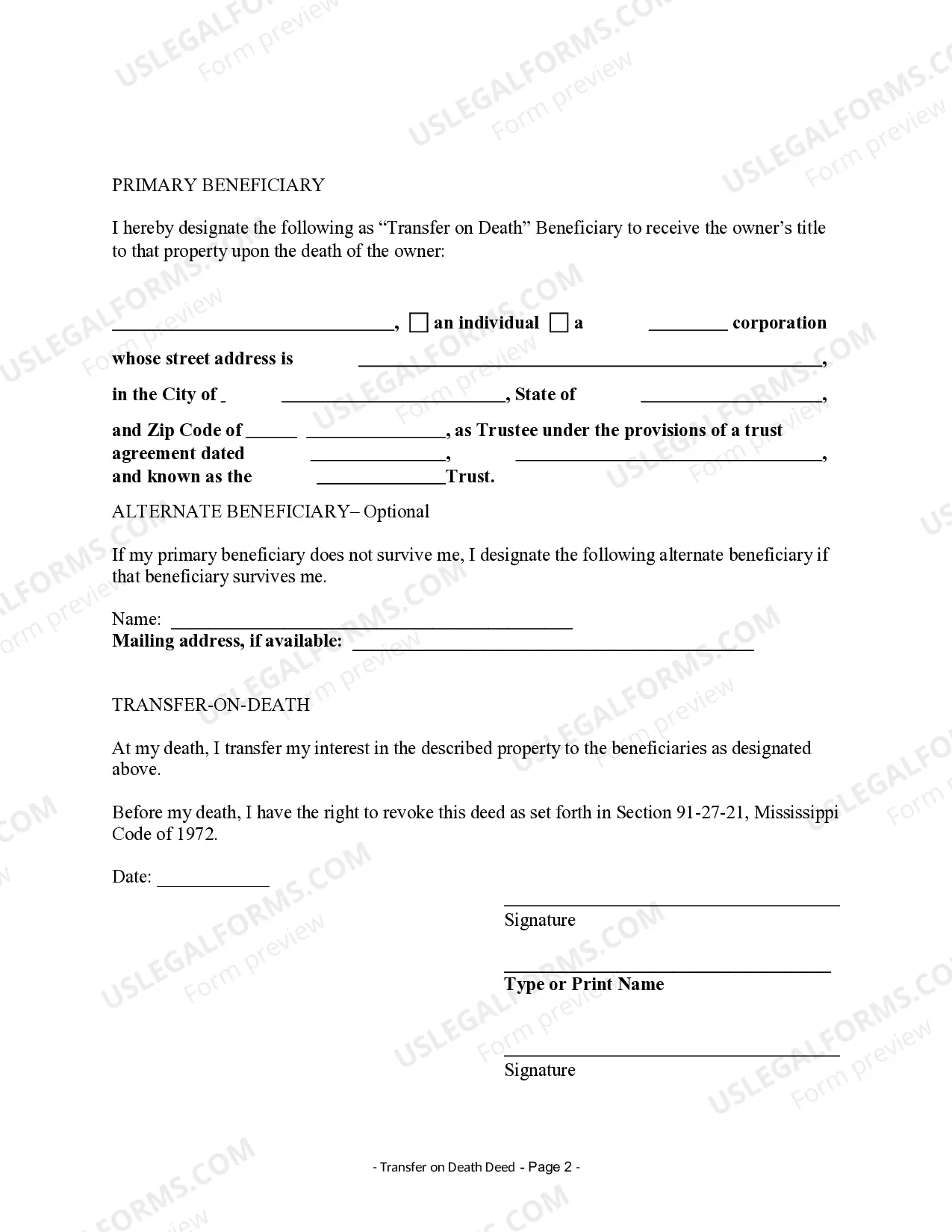 Preview Transfer on Death Deed or TOD - Beneficiary Deed for Two Married Individuals to a Trust