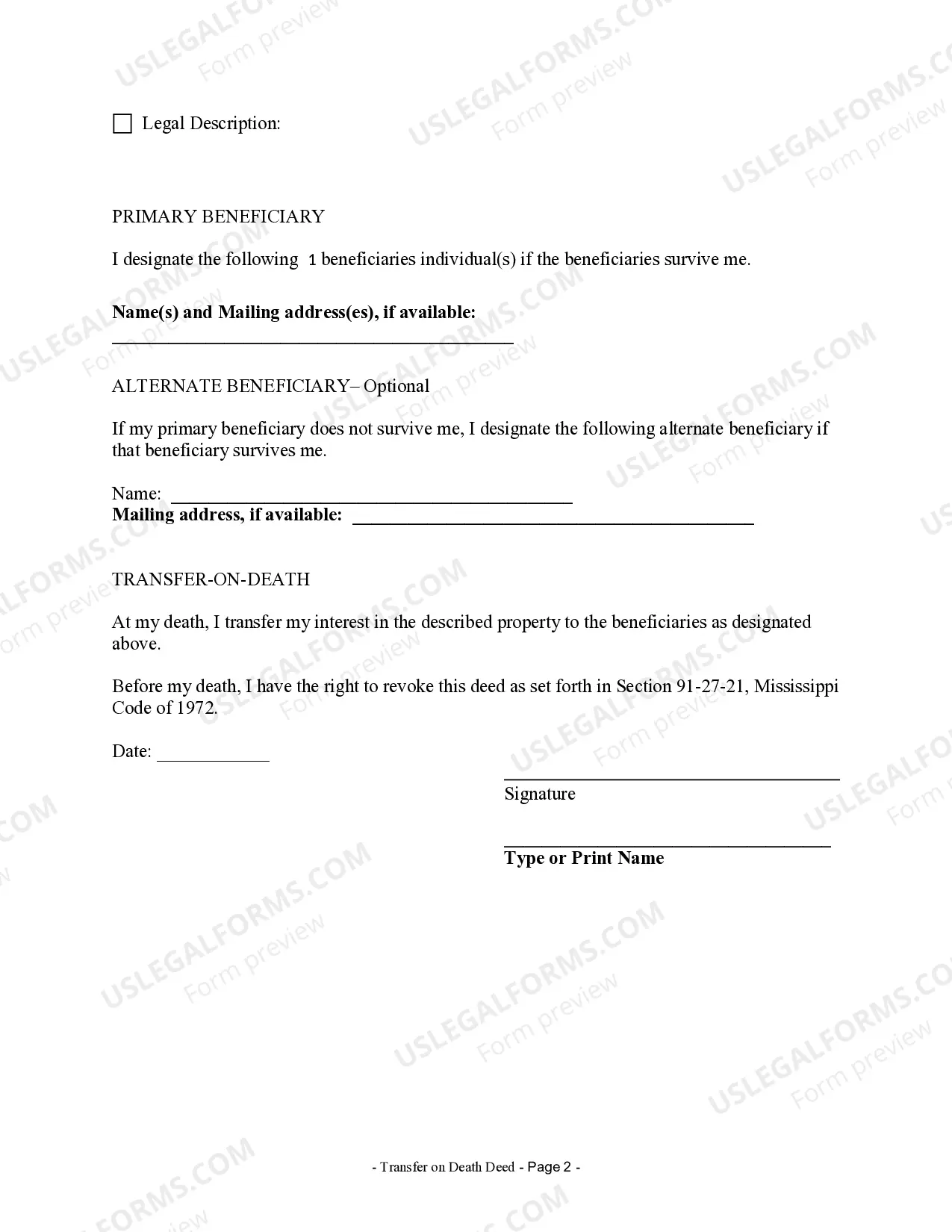 Preview Transfer on Death Deed or TOD - Beneficiary Deed for One Individual to Multiple Individuals