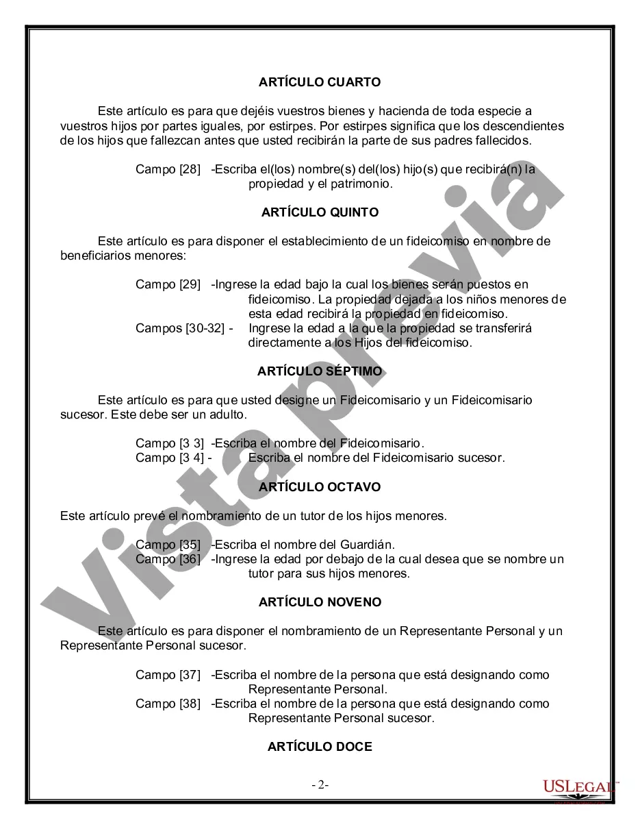 Preview Formulario Legal de Última Voluntad y Testamento para Persona Soltera con Hijos Adultos y Menores