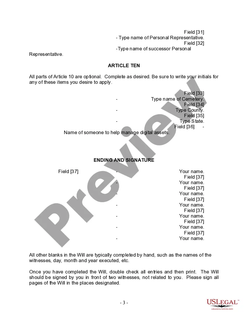 Preview Last Will and Testament for Divorced person not Remarried with Adult Children