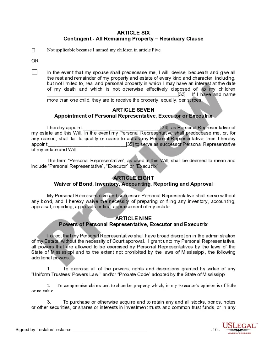 Preview Last Will and Testament for Married person with Adult Children from Prior Marriage