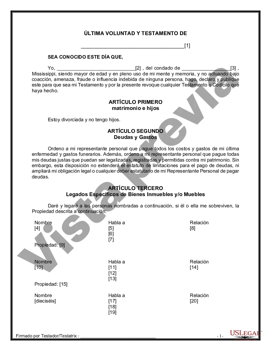 Preview Formulario de última voluntad y testamento legal para personas divorciadas que no se han vuelto a casar y no tienen hijos