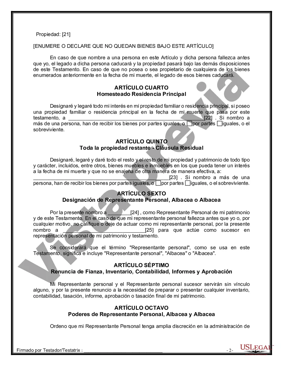 Preview Formulario de última voluntad y testamento legal para personas divorciadas que no se han vuelto a casar y no tienen hijos