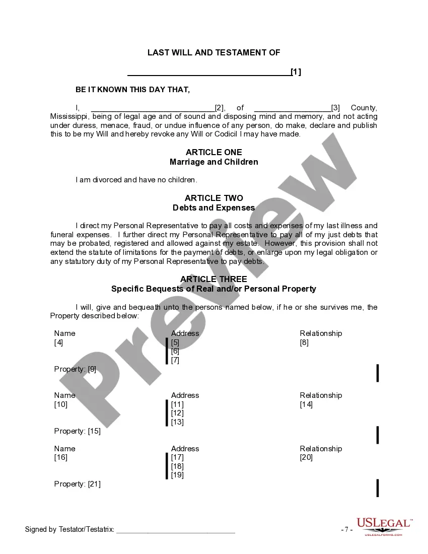 Preview Last Will and Testament for Divorced Person Not Remarried with No Children