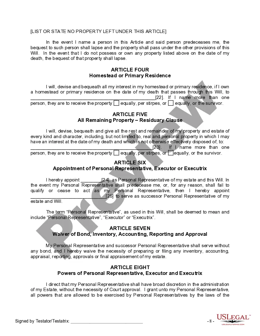 Preview Last Will and Testament for Divorced Person Not Remarried with No Children