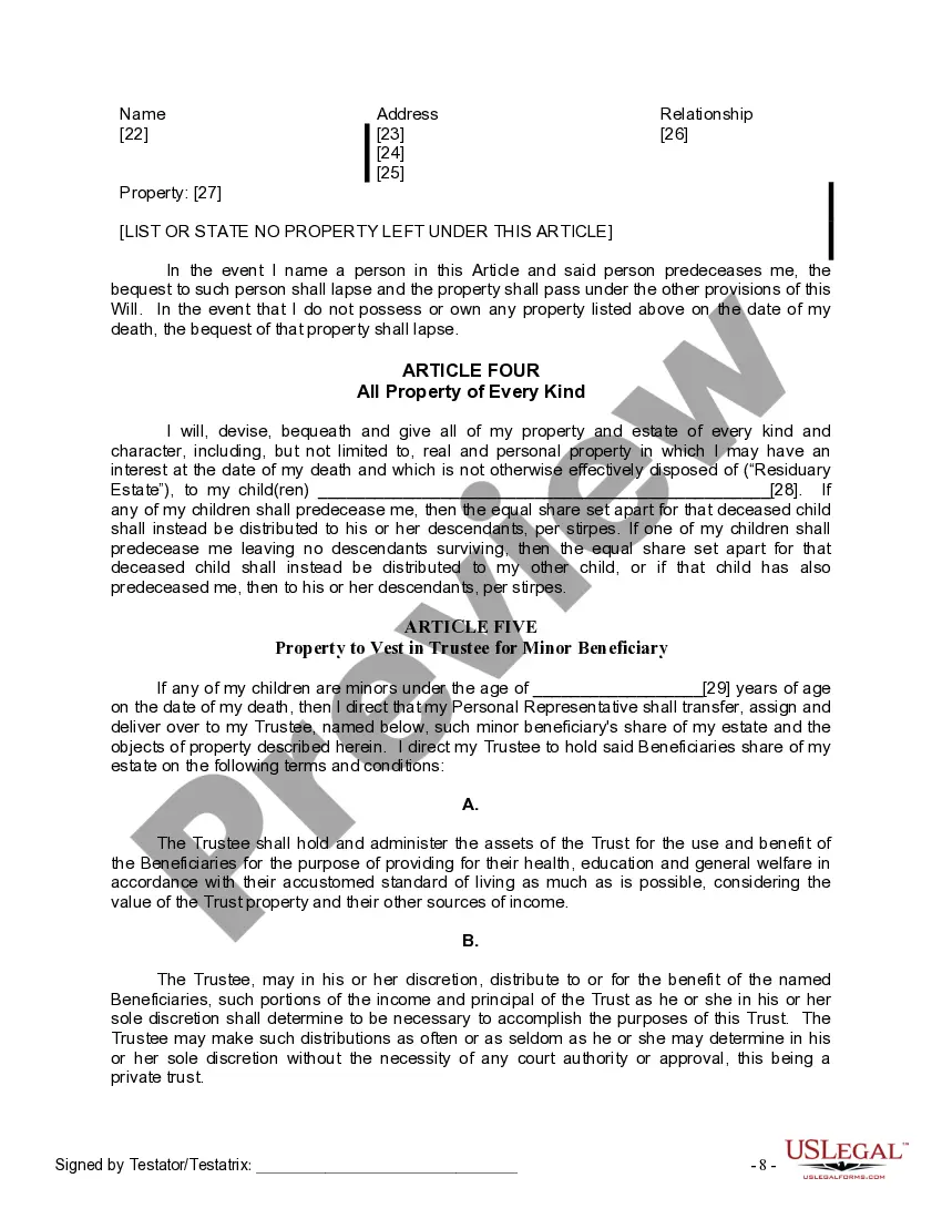 Preview Last Will and Testament for Divorced person not Remarried with Minor Children