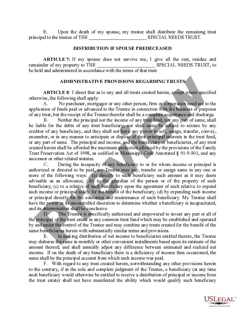 Preview Last Will and Testament with Special Needs Trust Distribution