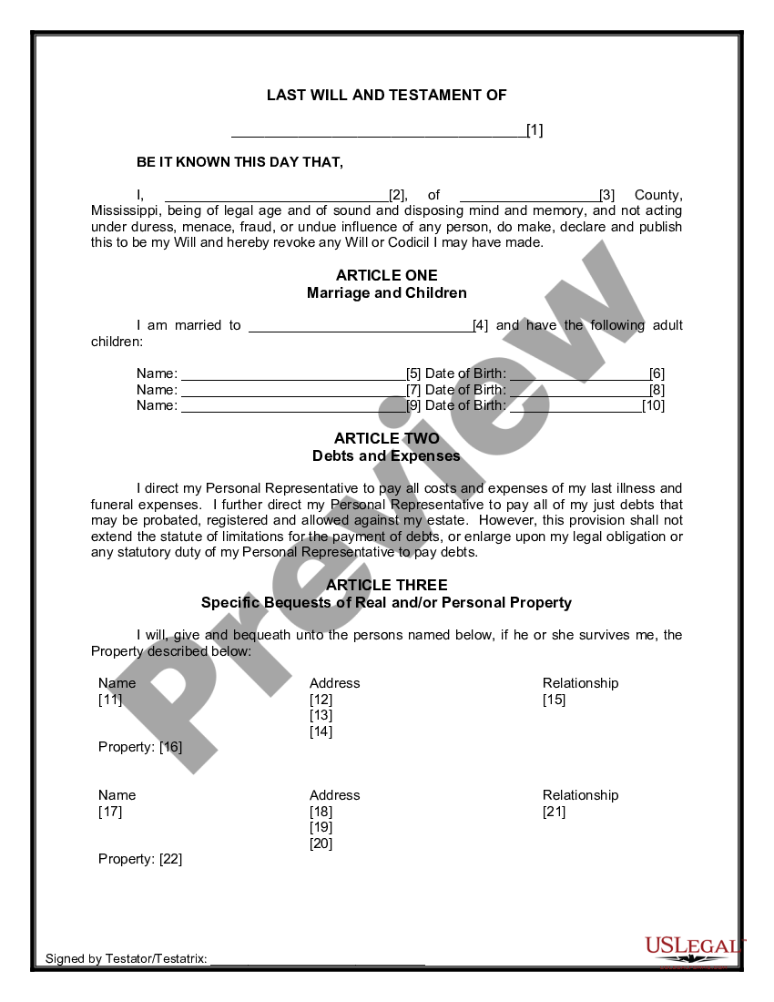 Mississippi Legal Last Will and Testament Form for Married person with