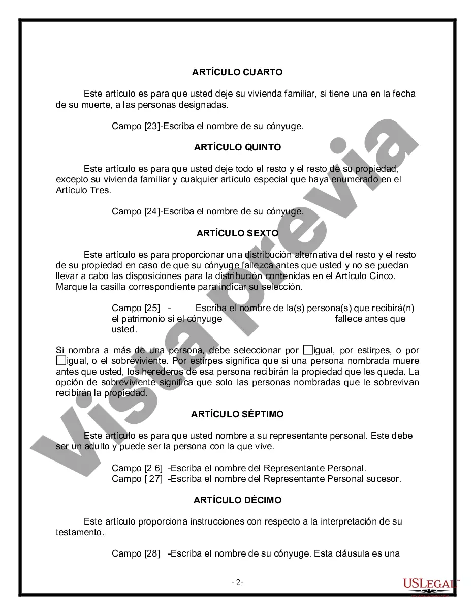 Preview Formulario de última voluntad y testamento legal para una persona casada sin hijos