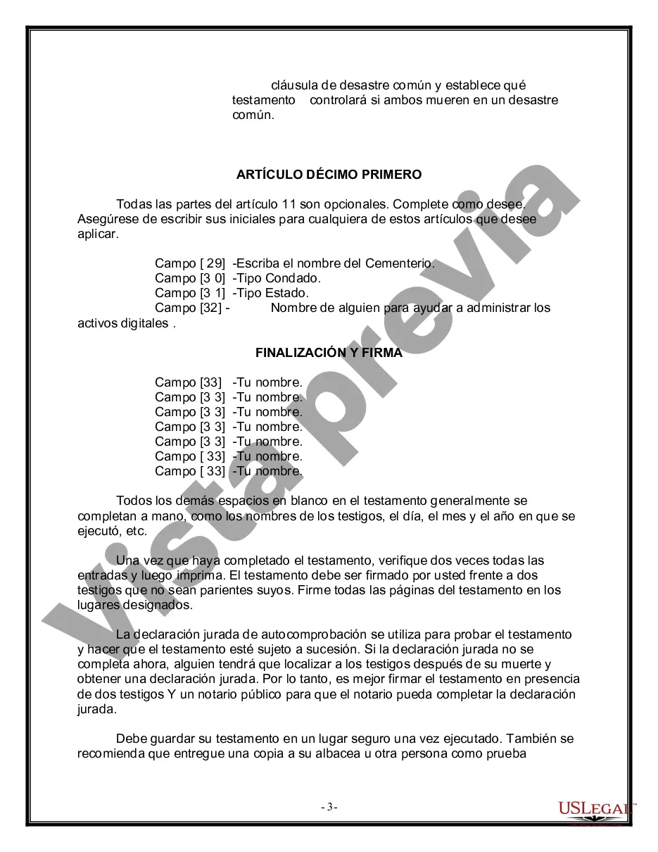 Preview Formulario de última voluntad y testamento legal para una persona casada sin hijos