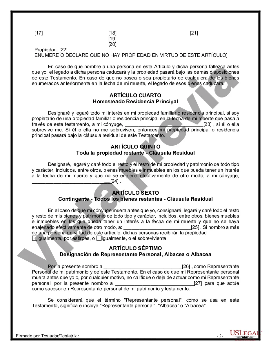 Preview Formulario de última voluntad y testamento legal para una persona casada sin hijos