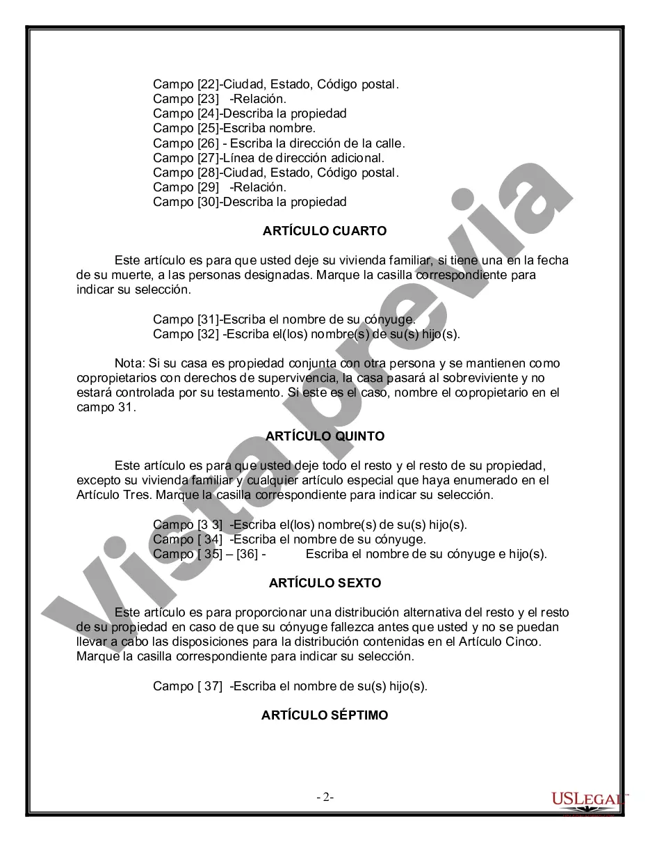 Preview Formulario Legal de Última Voluntad y Testamento para Persona Casada con Hijos Adultos y Menores de Matrimonio Anterior