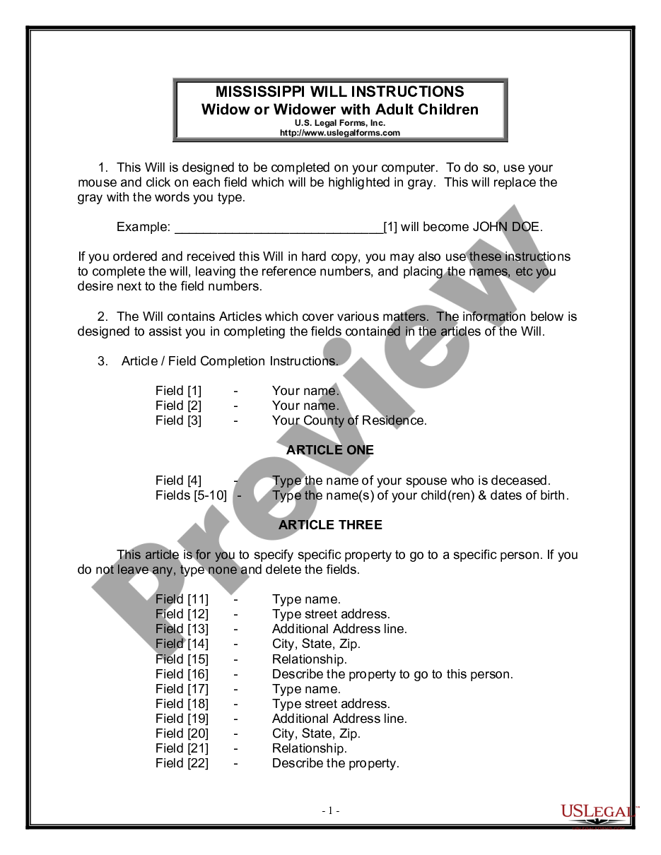 page 0 Legal Last Will and Testament Form for a Widow or Widower with Adult Children preview