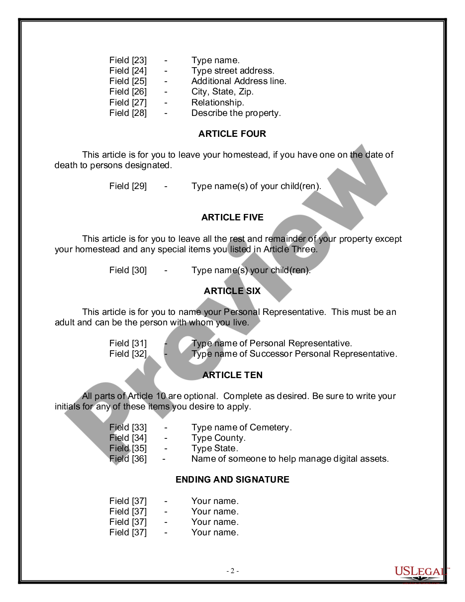 page 1 Legal Last Will and Testament Form for a Widow or Widower with Adult Children preview