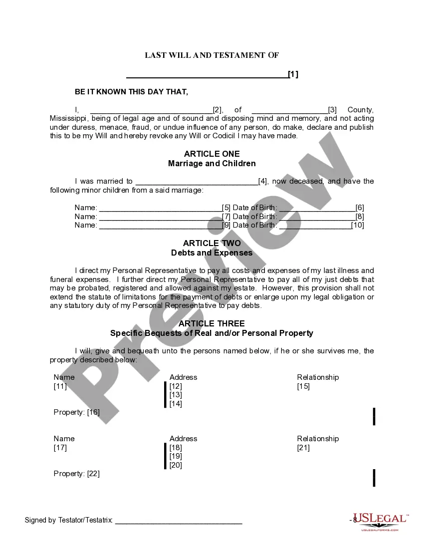 Preview Last Will and Testament for Widow or Widower with Minor Children