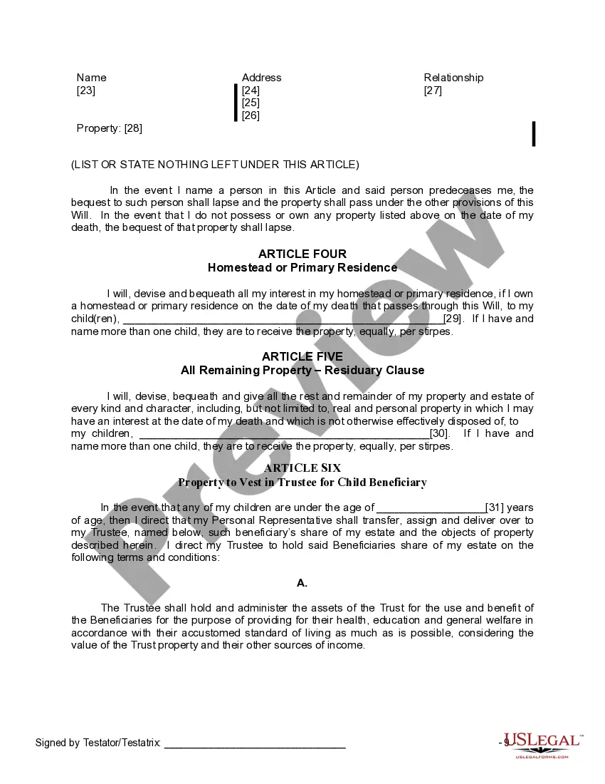 Preview Last Will and Testament for Widow or Widower with Minor Children