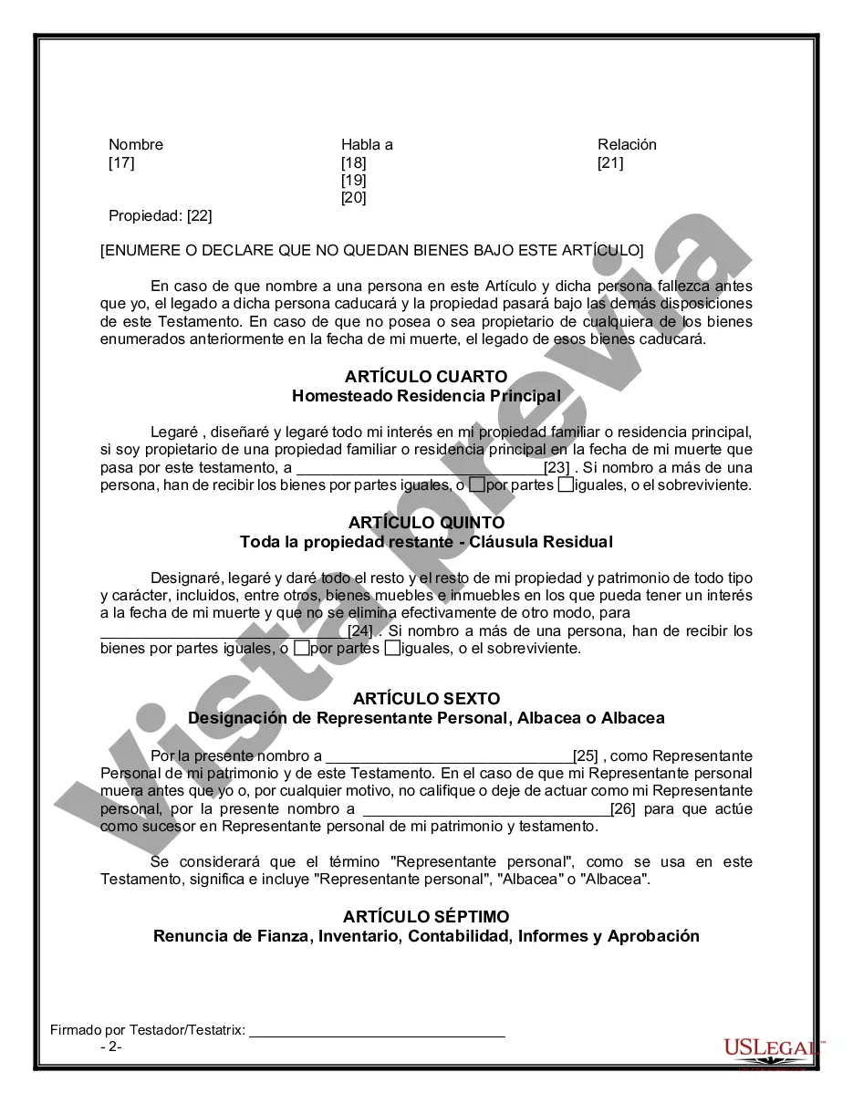 Preview Formulario de última voluntad legal para una viuda o viudo sin hijos