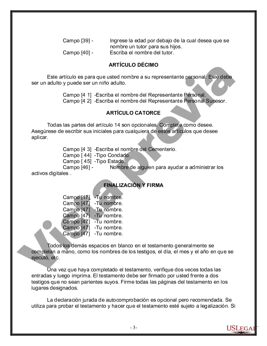 Preview Formulario de última voluntad y testamento legal para una viuda o viudo con hijos adultos y menores