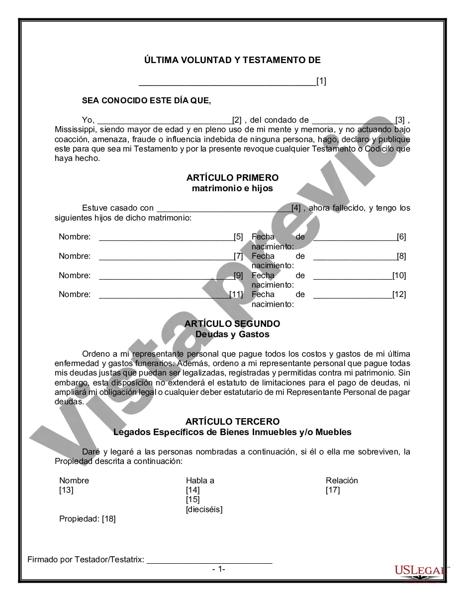 Preview Formulario de última voluntad y testamento legal para una viuda o viudo con hijos adultos y menores