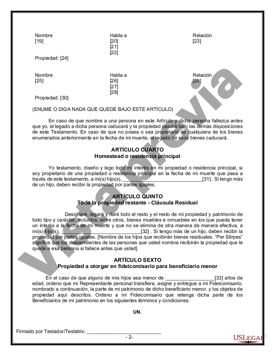 Preview Formulario de última voluntad y testamento legal para una viuda o viudo con hijos adultos y menores