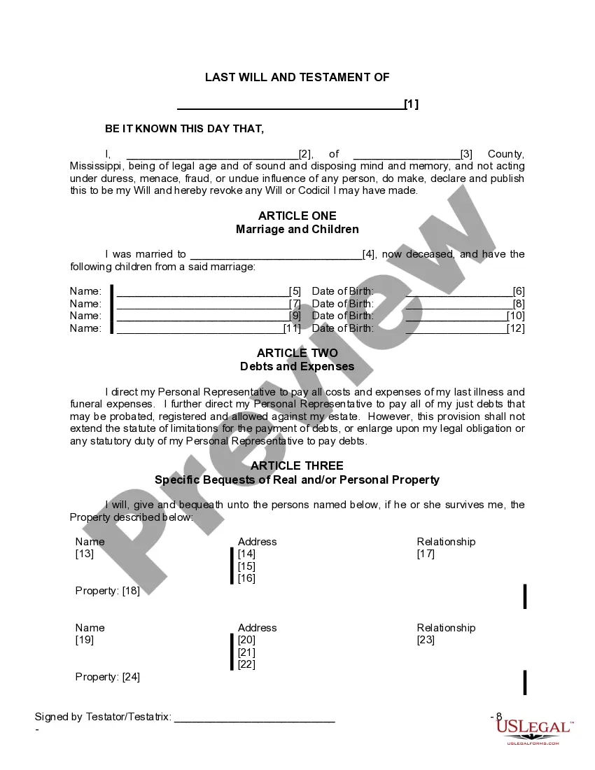 Preview Last Will and Testament for a Widow or Widower with Adult and Minor Children