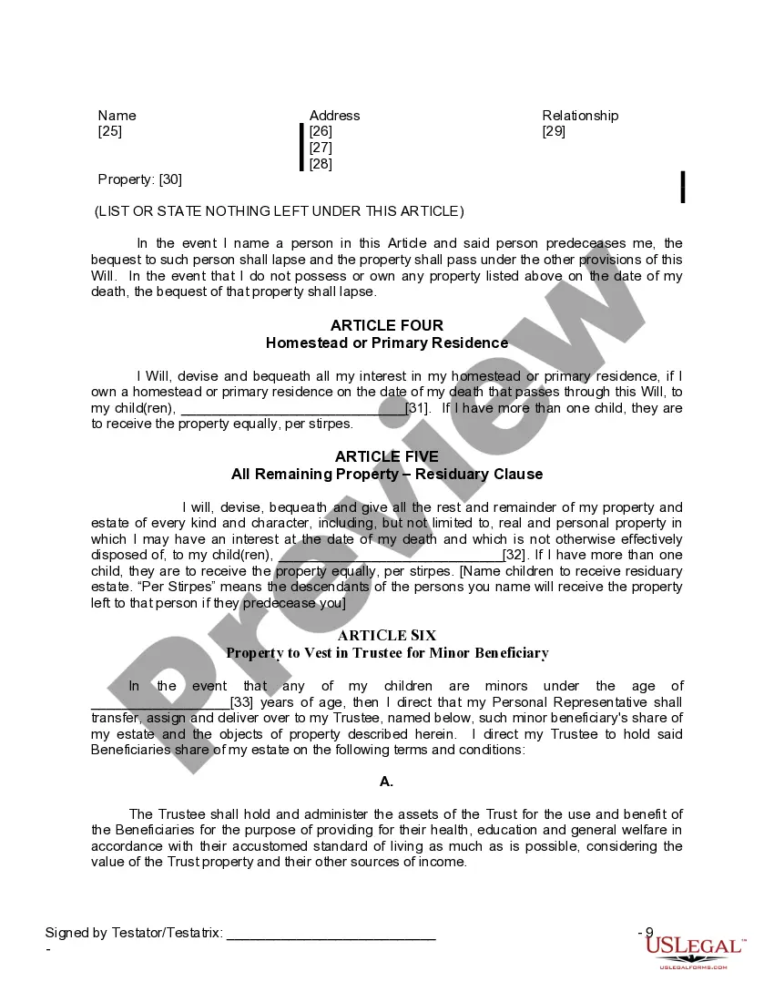 Preview Last Will and Testament for a Widow or Widower with Adult and Minor Children
