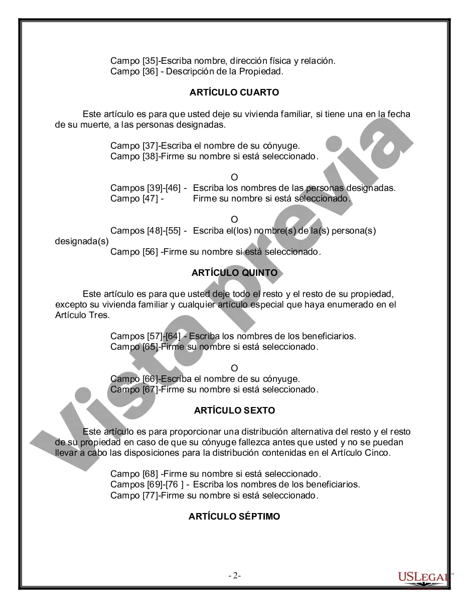 Preview Formulario Legal de Última Voluntad y Testamento para Persona Divorciada y Recasada con Hijos Míos, Tuyos y Nuestros
