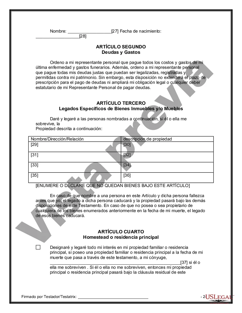 Preview Formulario Legal de Última Voluntad y Testamento para Persona Divorciada y Recasada con Hijos Míos, Tuyos y Nuestros