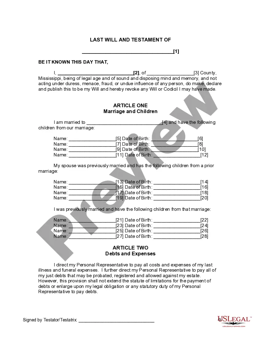 Preview Last Will and Testament for Divorced and Remarried Person with Mine, Yours and Ours Children