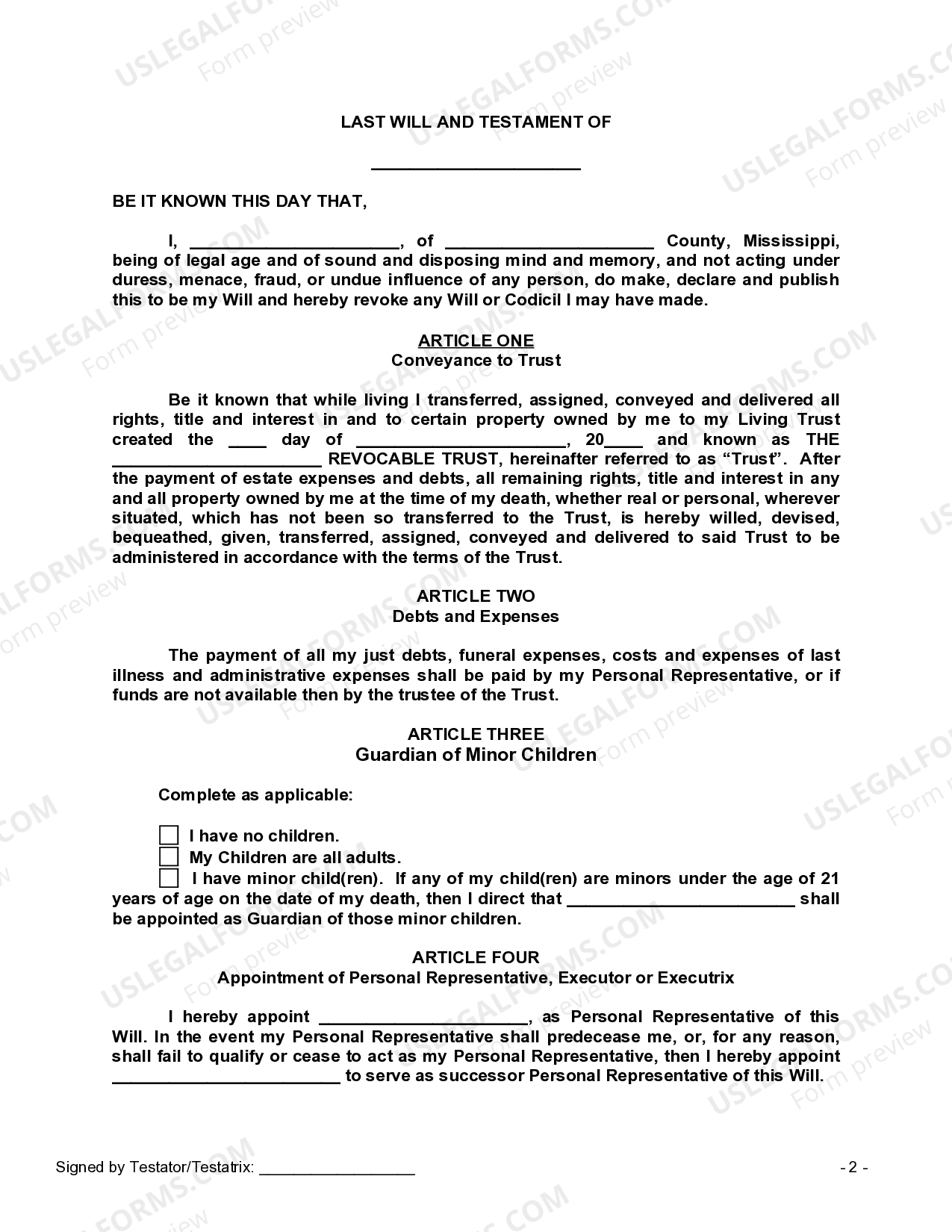 Mississippi Legal Last Will and Testament Form with All Property to Trust  called a Pour Over Will | US Legal Forms