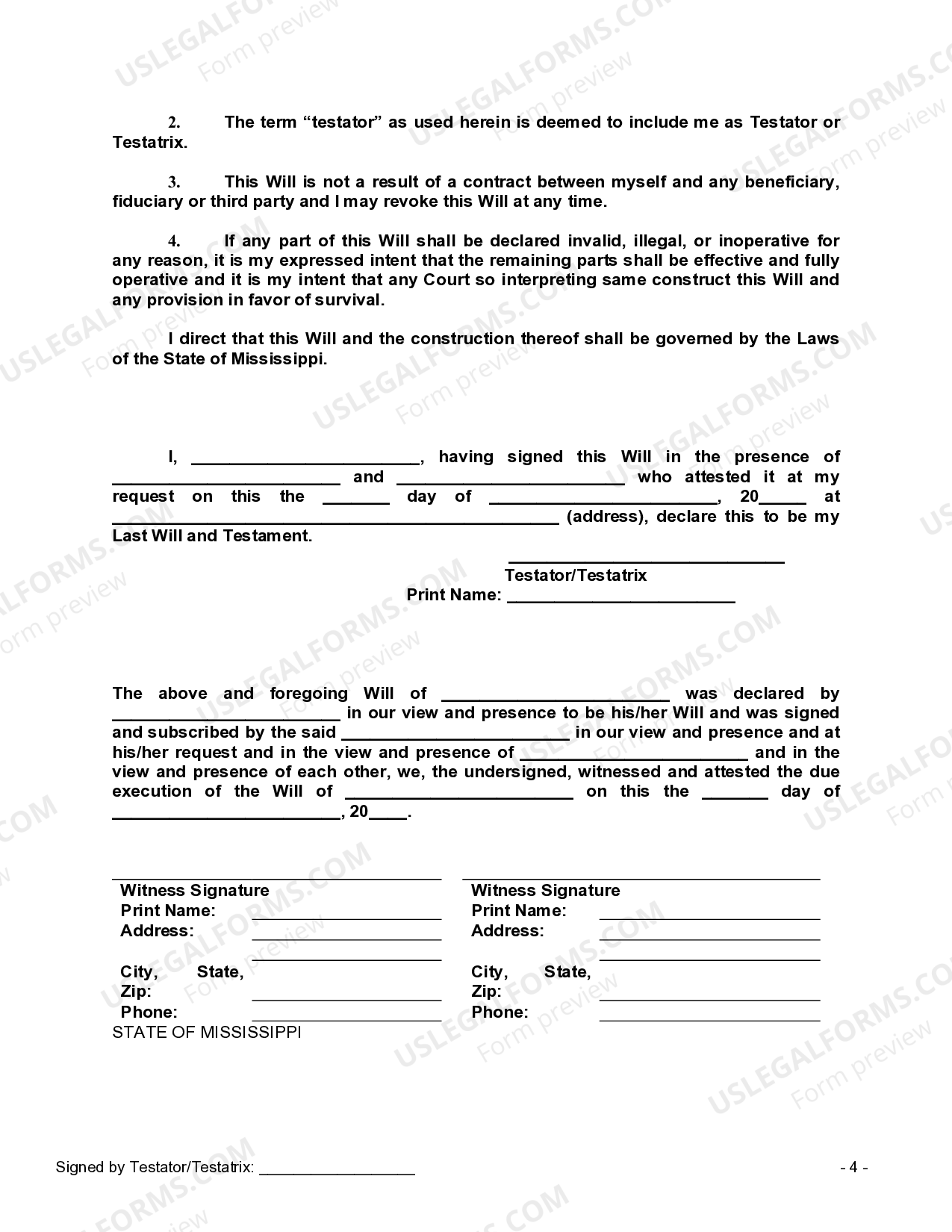 Mississippi Legal Last Will and Testament Form with All Property to Trust called a Pour Over ...
