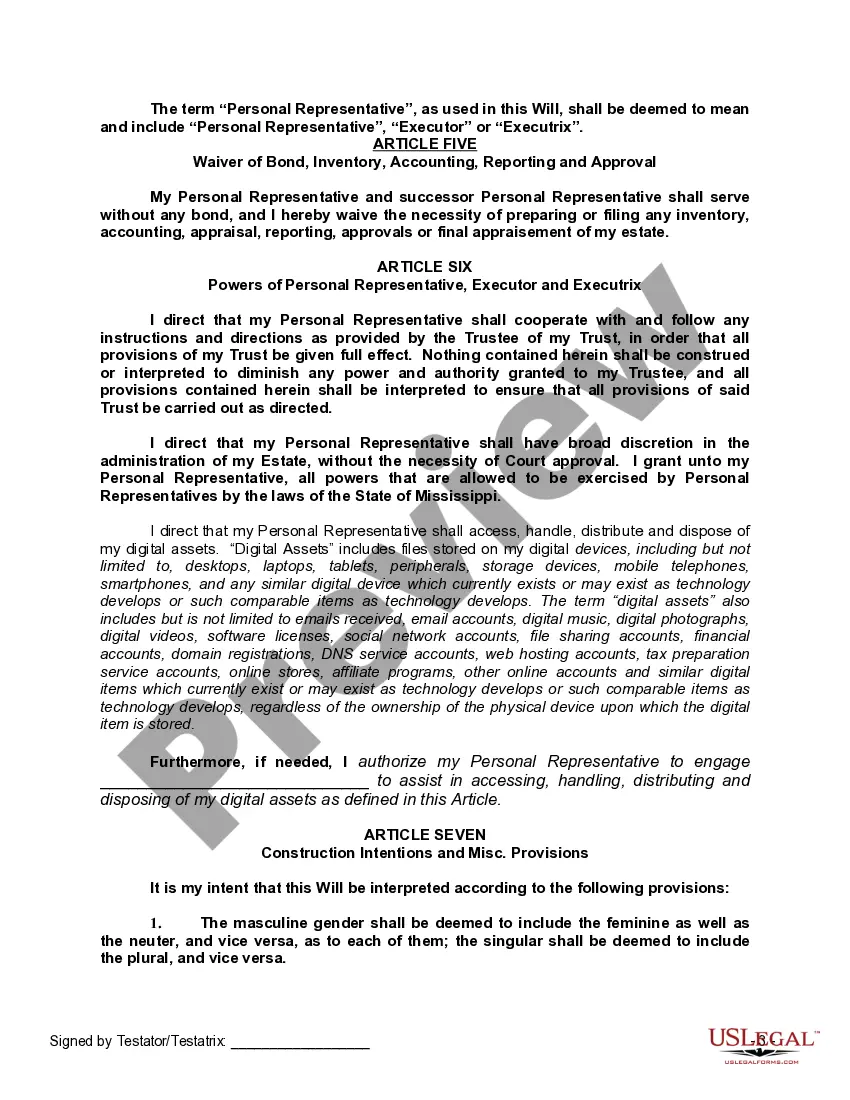 Preview Last Will and Testament with All Property to Trust called a Pour Over Will