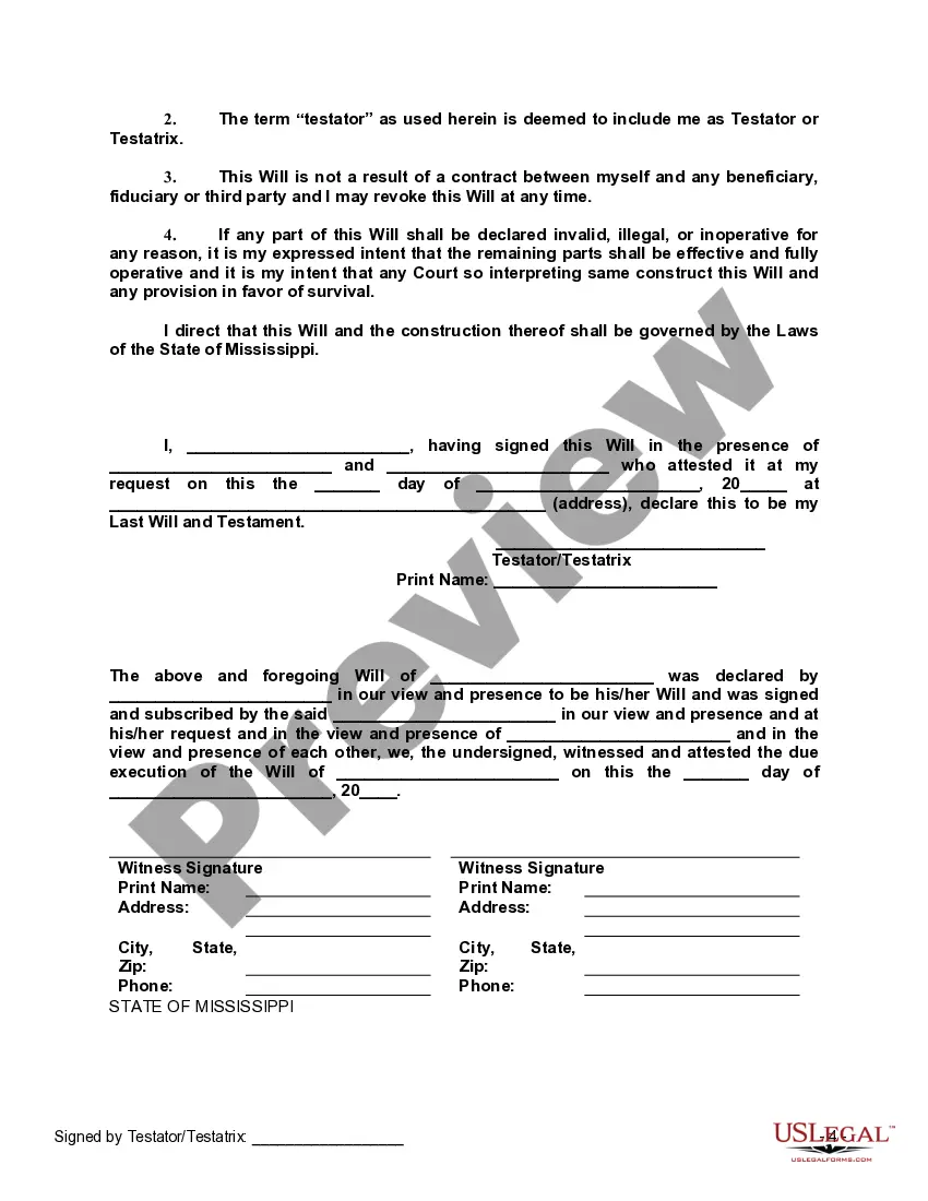 Preview Last Will and Testament with All Property to Trust called a Pour Over Will