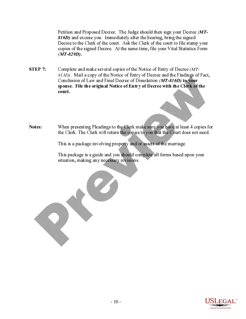 Preview Montana No-Fault Uncontested Agreed Divorce Package for Dissolution of Marriage with Adult Children and with or without Property and Debts