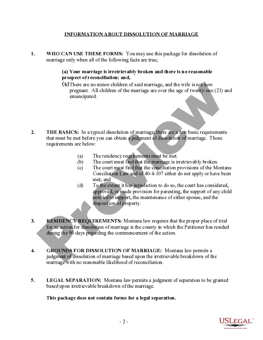 Preview Montana No-Fault Uncontested Agreed Divorce Package for Dissolution of Marriage with Adult Children and with or without Property and Debts