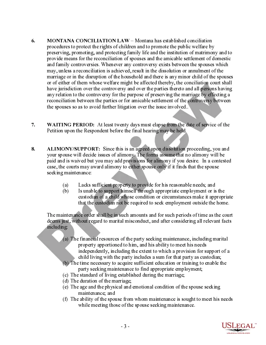 Preview Montana No-Fault Uncontested Agreed Divorce Package for Dissolution of Marriage with Adult Children and with or without Property and Debts