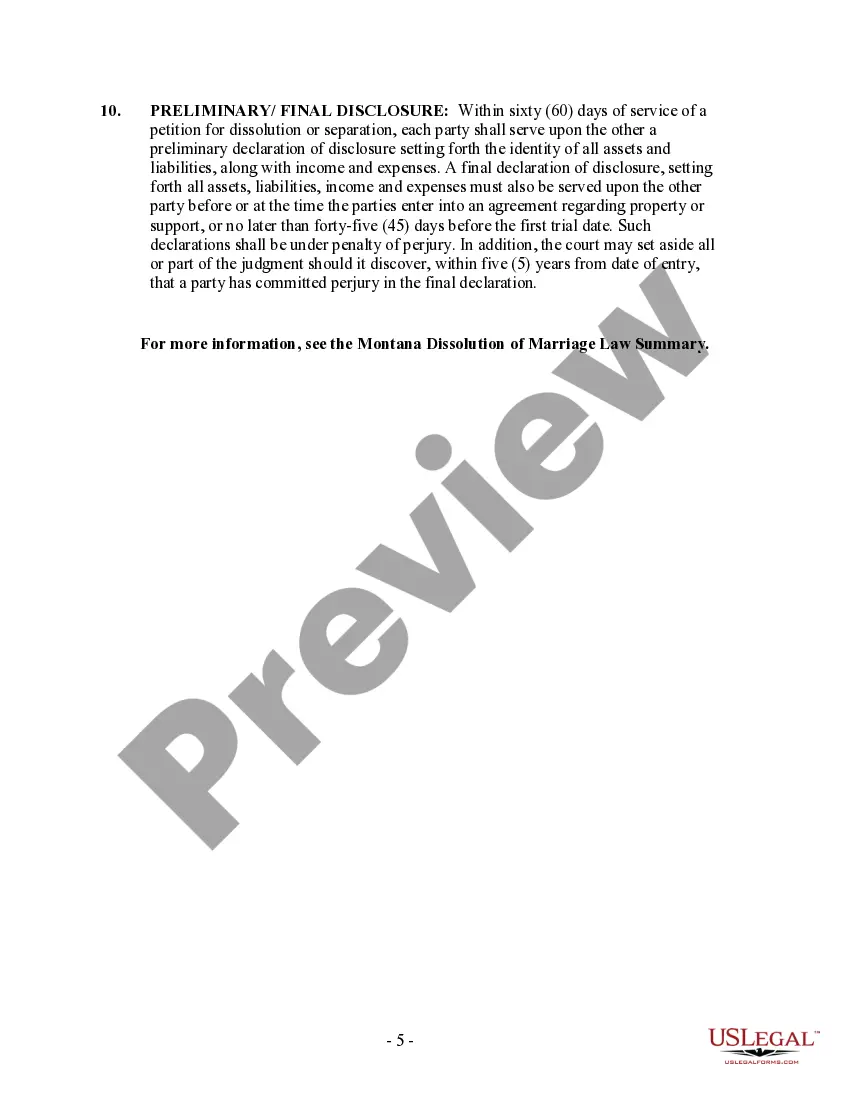 Preview Montana No-Fault Uncontested Agreed Divorce Package for Dissolution of Marriage with Adult Children and with or without Property and Debts
