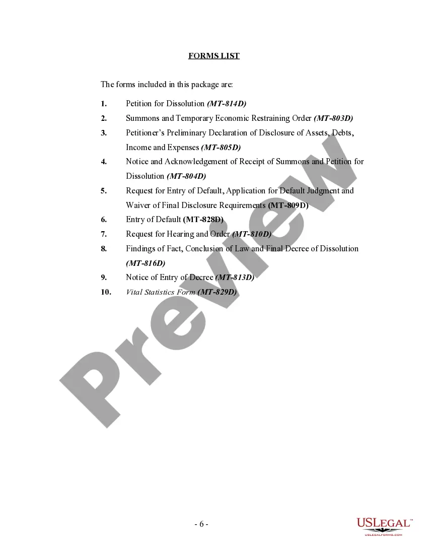 Preview Montana No-Fault Uncontested Agreed Divorce Package for Dissolution of Marriage with Adult Children and with or without Property and Debts