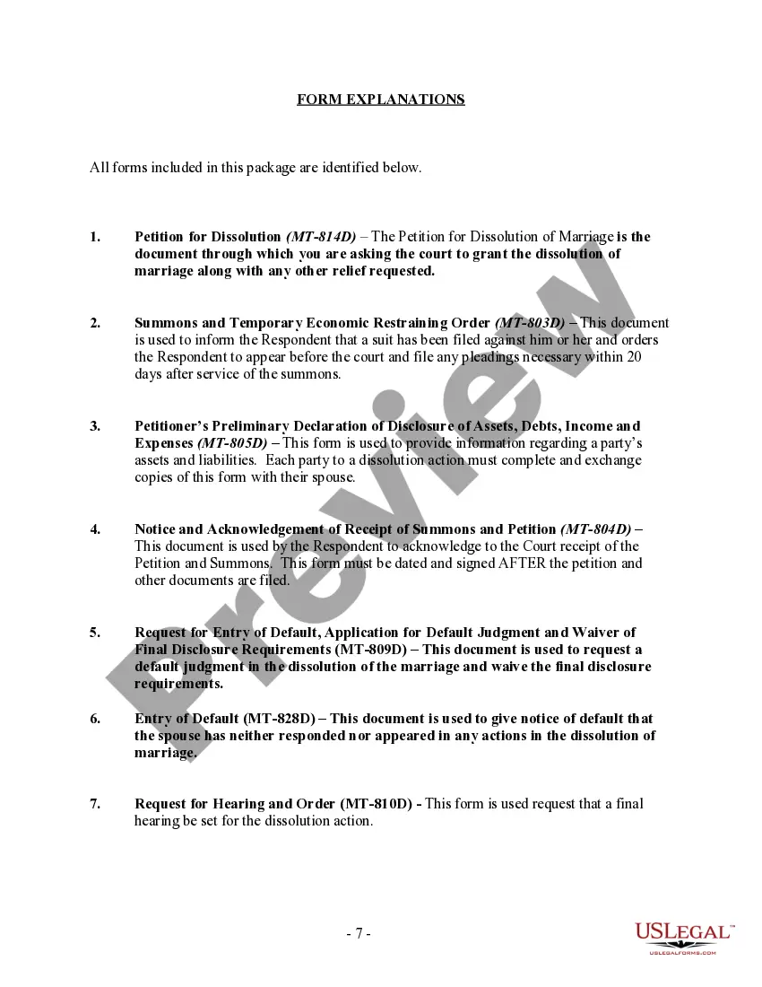 Preview Montana No-Fault Uncontested Agreed Divorce Package for Dissolution of Marriage with Adult Children and with or without Property and Debts
