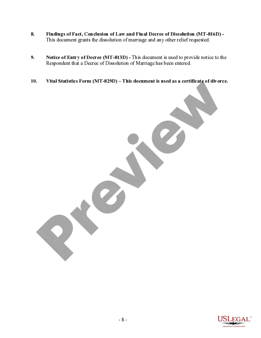 Preview Montana No-Fault Uncontested Agreed Divorce Package for Dissolution of Marriage with Adult Children and with or without Property and Debts