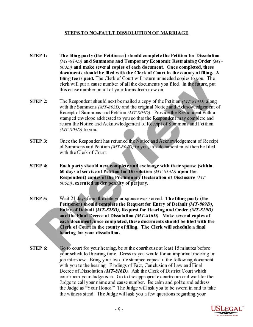 Preview Montana No-Fault Uncontested Agreed Divorce Package for Dissolution of Marriage with Adult Children and with or without Property and Debts