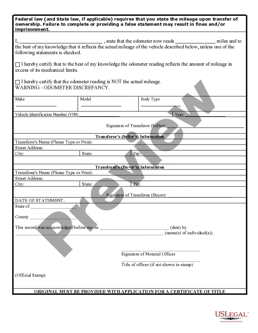 Get Bill of Sale of Automobile and Odometer Statement Preview Bill of Sale of Automobile and Odometer Statement