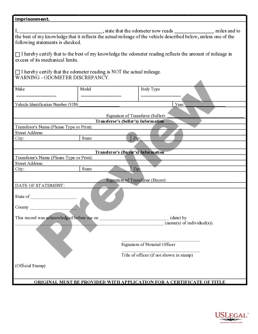 Get Bill of Sale of Automobile and Odometer Statement for As-Is Sale Preview Bill of Sale of Automobile and Odometer Statement for As-Is Sale