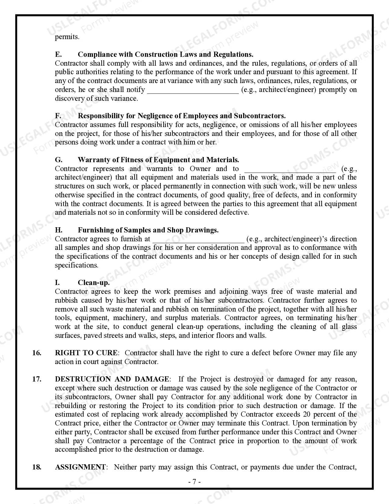 Preview Commercial Contract for Contractor