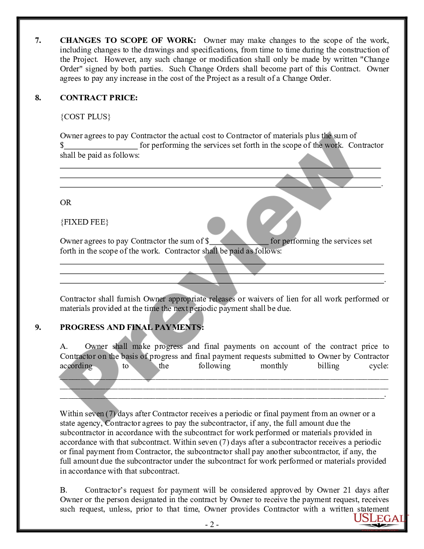 Montana New Home Construction Contract | US Legal Forms