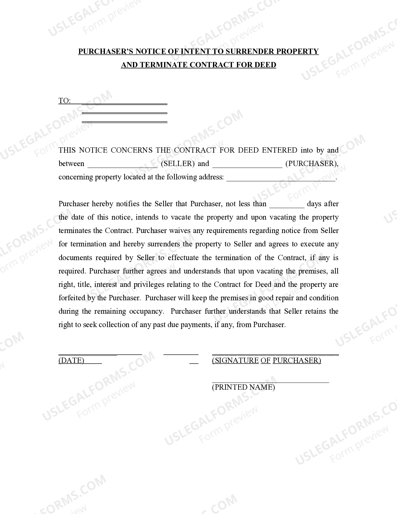 Montana Buyer's Notice of Intent to Vacate and Surrender Property to Seller under Contract for