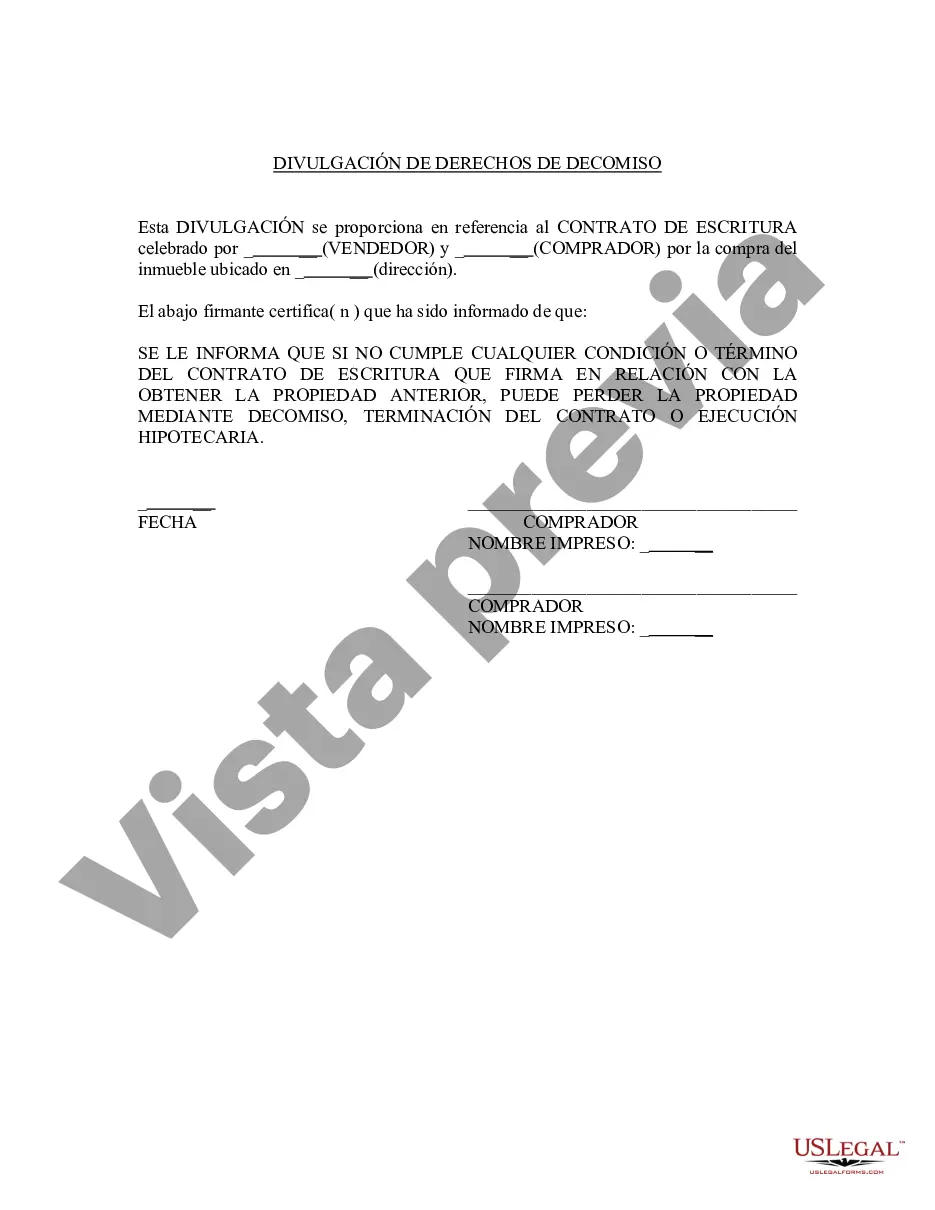 Preview Divulgación del vendedor de los derechos de confiscación del contrato de escritura