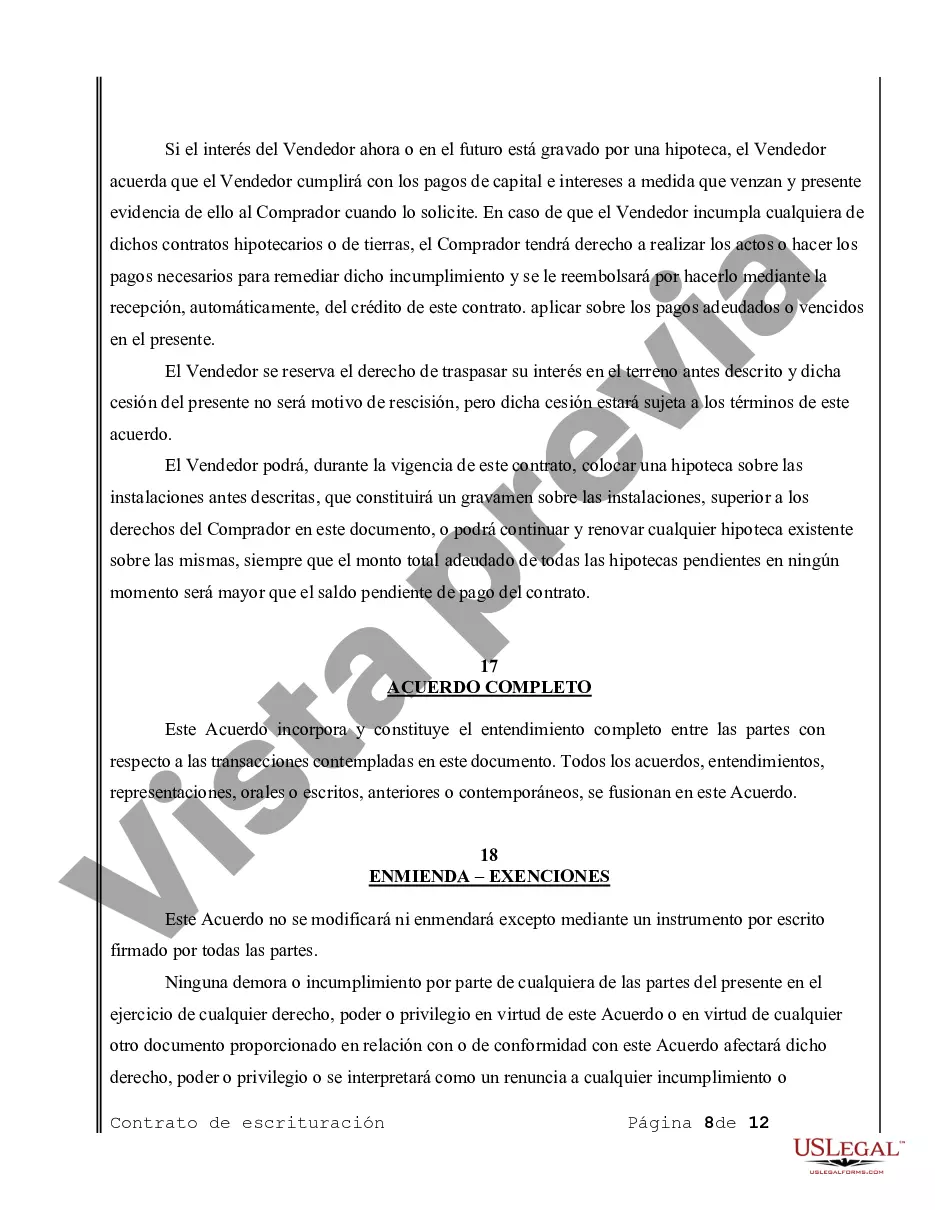 Preview Acuerdo o Contrato de Escritura de Venta y Compra de Bienes Raíces a/k/a Terreno o Contrato de Ejecución