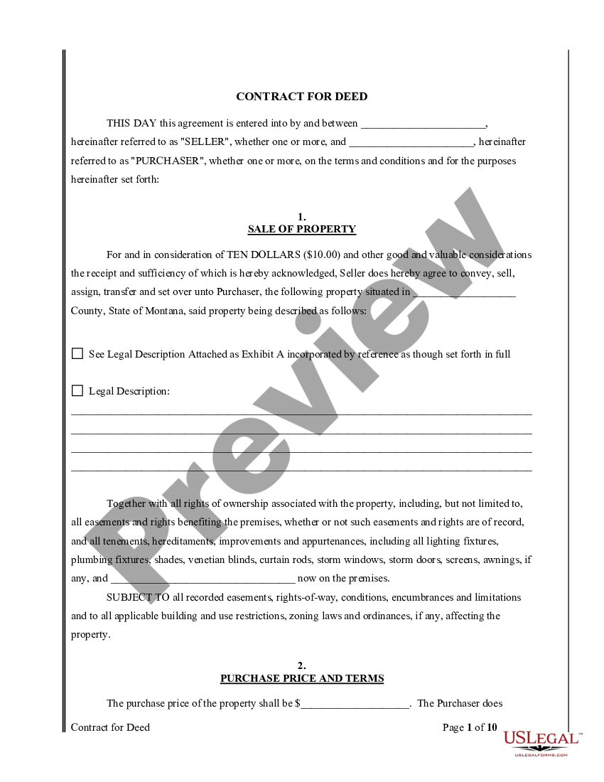 Montana Agreement or Contract for Deed for Sale and Purchase of Real ...